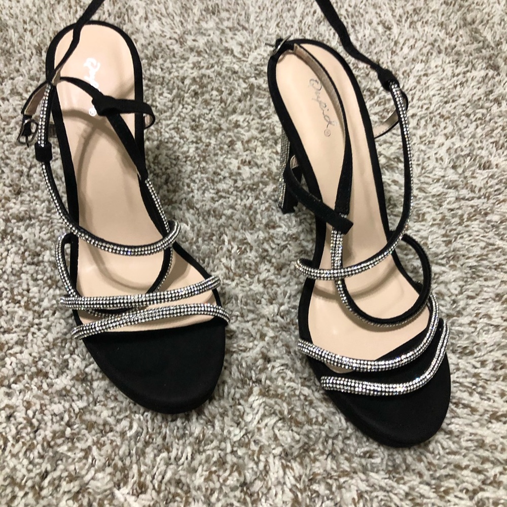 Black open toe strapped rhinestone platform heels
